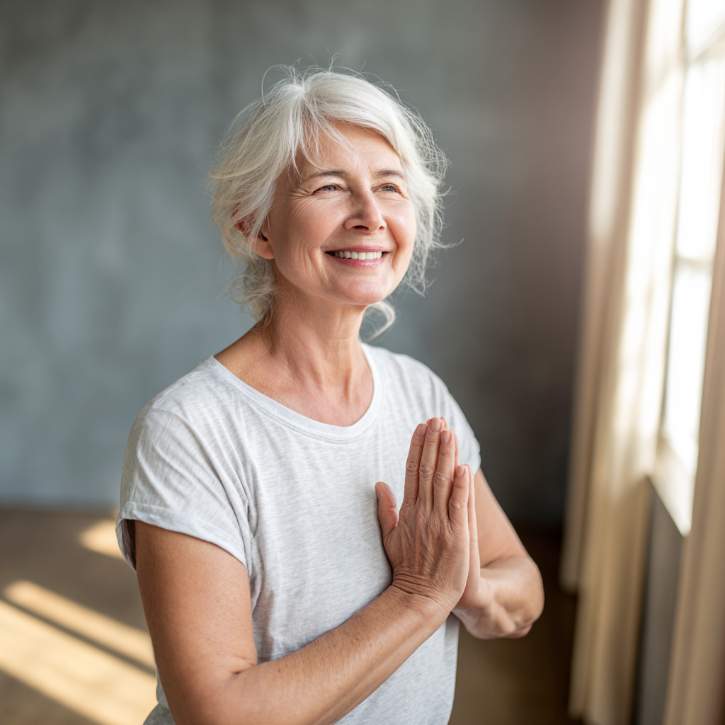 Smiling elderly European woman practicing yoga in peaceful morning light