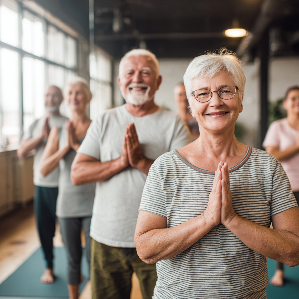 Elderly European man demonstrating yoga balance pose with peaceful expression