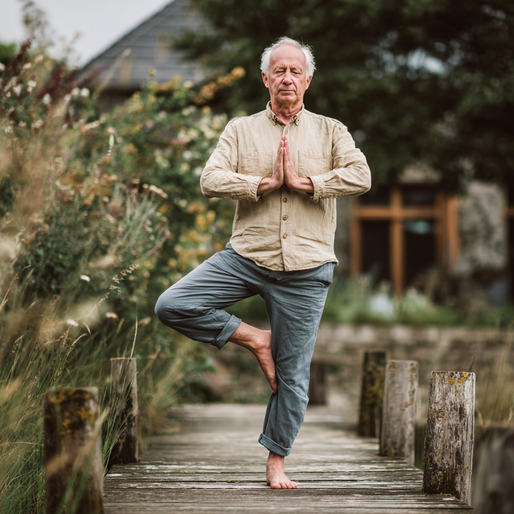 Elderly European woman doing morning yoga stretches with sunrise in background